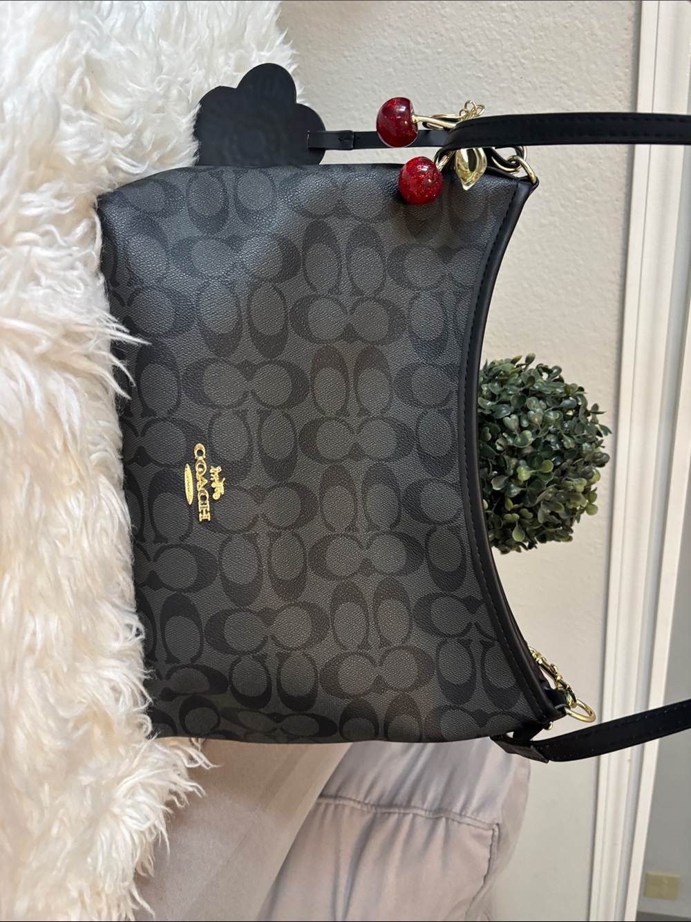 Black Signature Jacquard Shoulder Bag with Cherry Charm